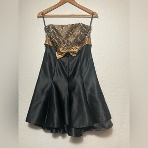 Jessica McClintock for Gunne Sax strapless black gold formal midi dress 9
